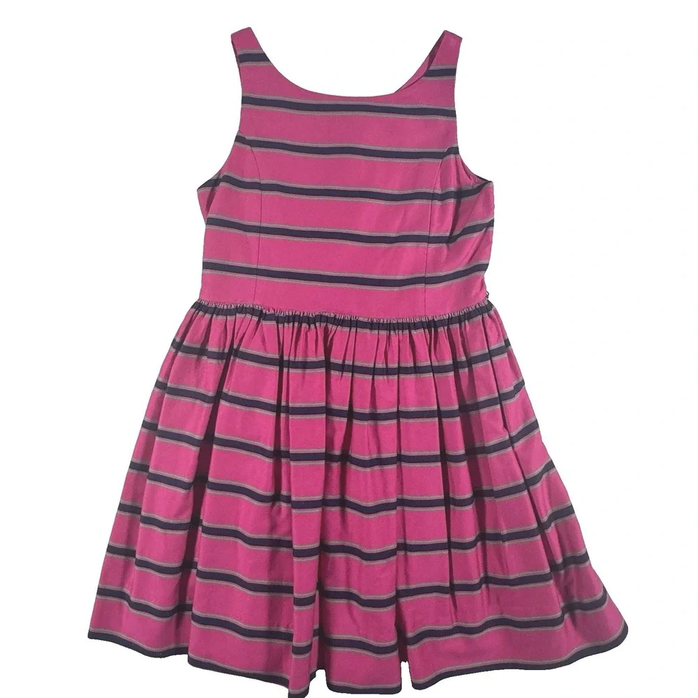 Ralph Lauren Striped Fit Flare Dress Girls 12 Pink Navy Sleeveless Button Back